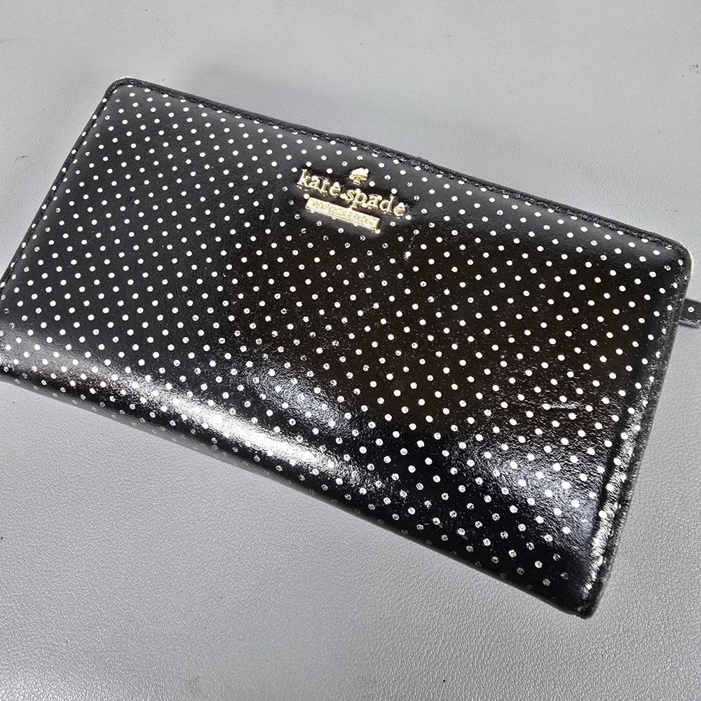 Kate Spade New York Black Polka Dot Saffiano Leather Bifold Slim Wallet